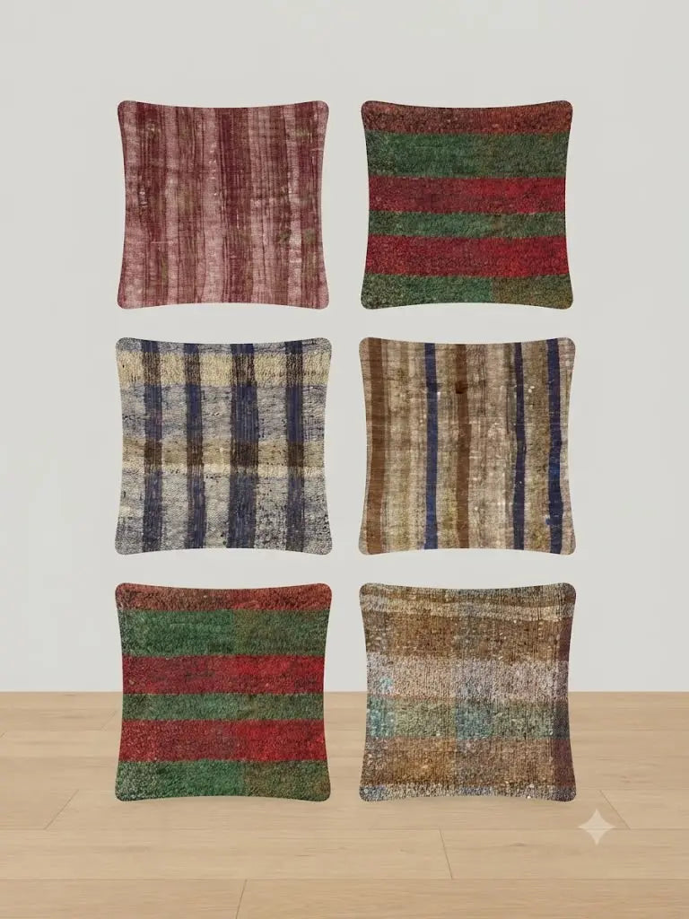 AAA+ Certified, Quantity 6 Empty Cushion Covers, Origen Turkey, Size 19” inches x 19” inches, Material Wool (Hand maid kilims ) backing cloth with zipper, ABC_PLW_9